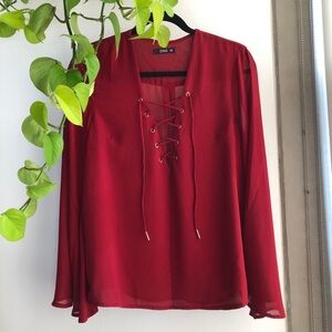 Burgundy Lace-up Bell Sleeve Blouse
